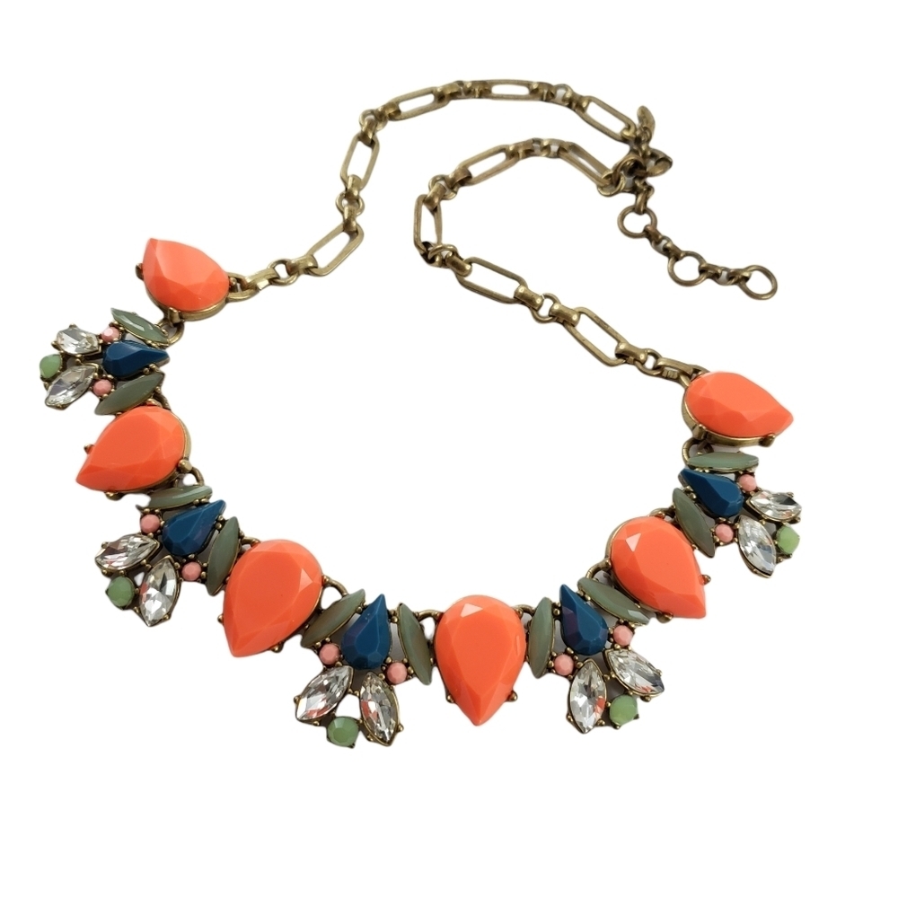 J. Crew statement necklace coral orange green and brilliant rhinestones A0270